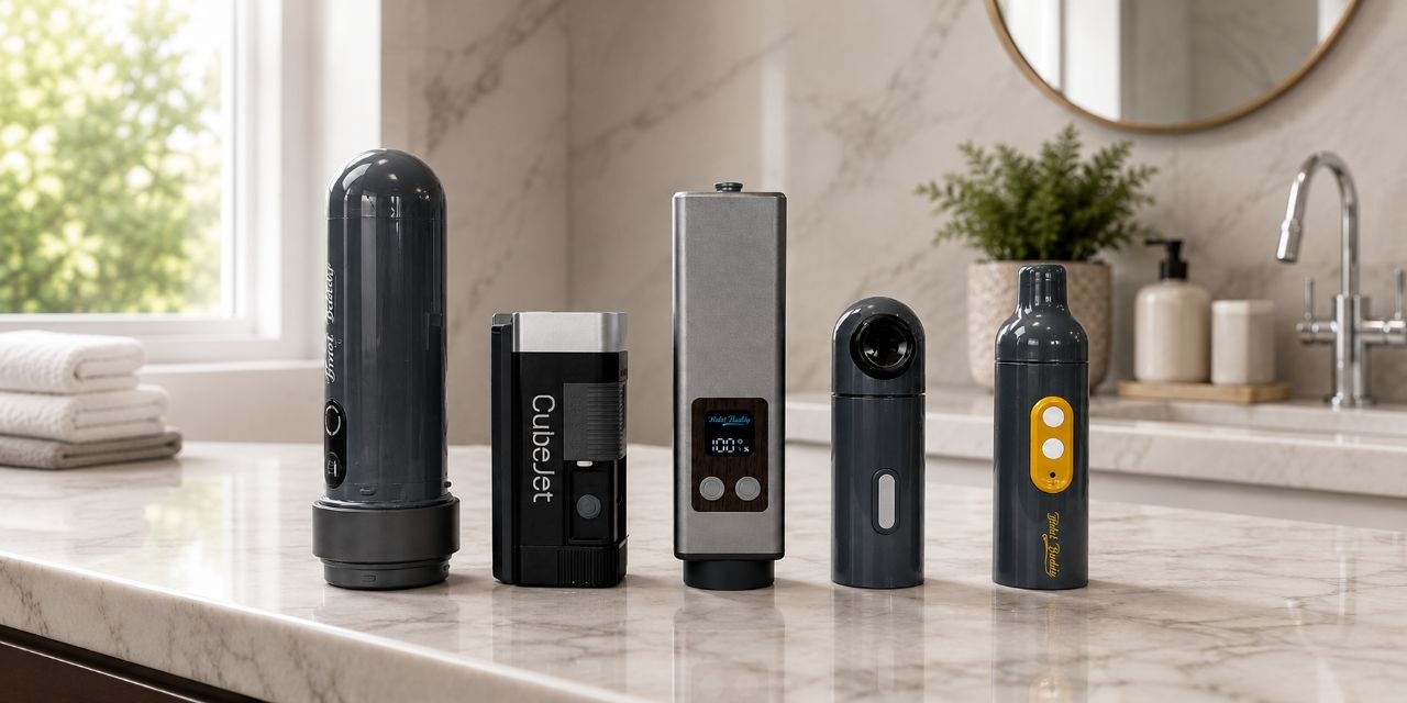 Bidet Buddy portable bidet collection lineup on bathroom counter