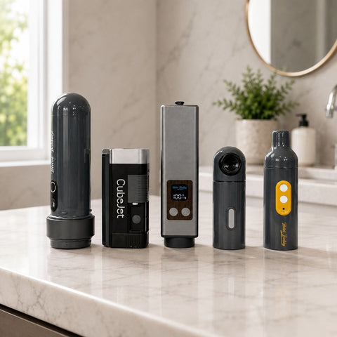 Bidet Buddy portable bidet collection lineup on bathroom counter