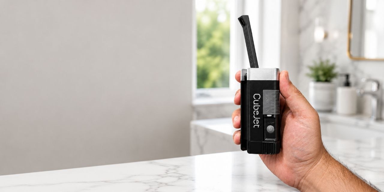 CubeJet Portable Bidet held in a bright bathroom