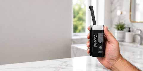 CubeJet Portable Bidet held in a bright bathroom