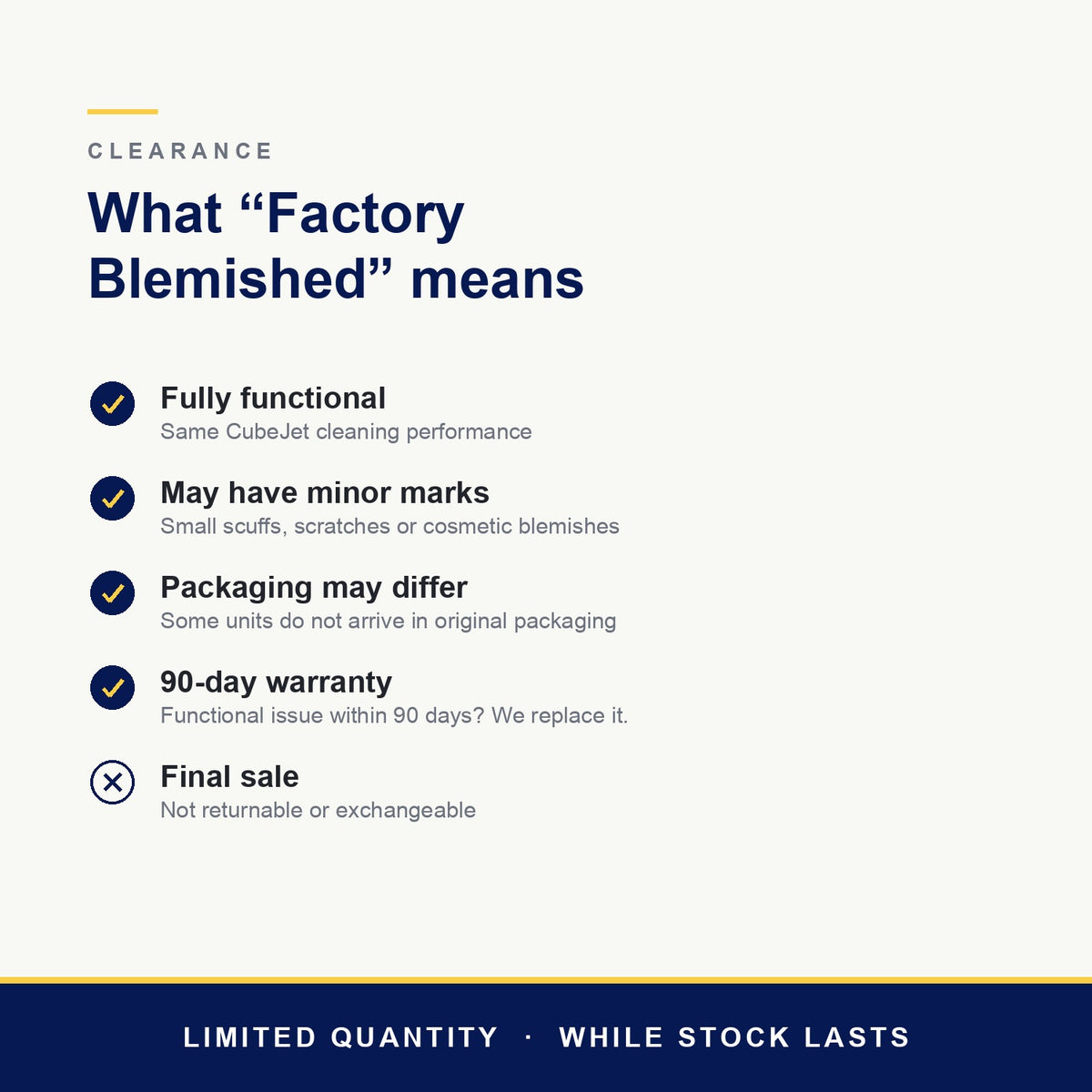 What Factory Blemished means: fully functional, may have minor marks, packaging may differ, 90-day warranty, final sale