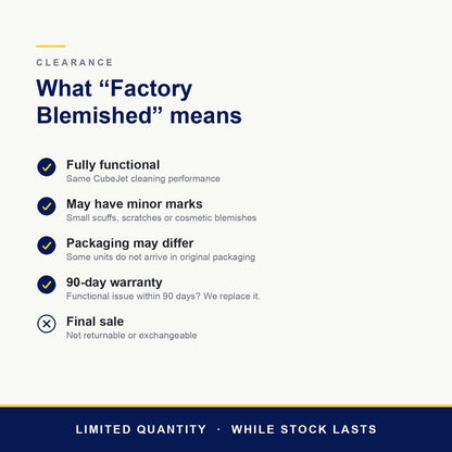 What Factory Blemished means: fully functional, may have minor marks, packaging may differ, 90-day warranty, final sale