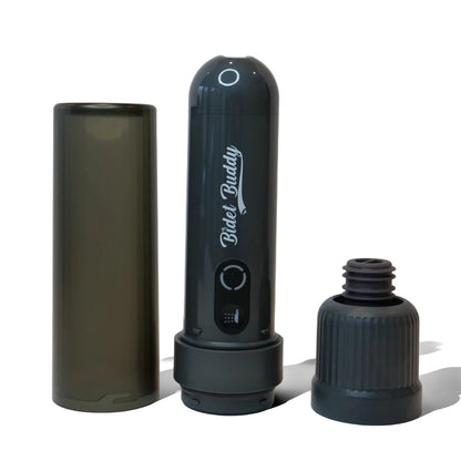 GoFlow Portable Bidet in black — travel cap, device and bottle adapter
